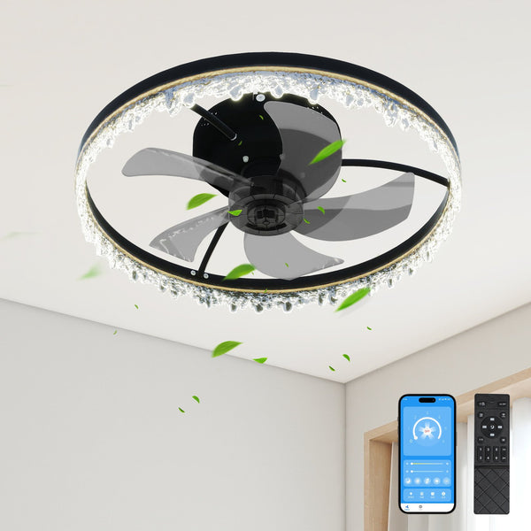 English Elm Smart Luxury Crystal Flush Mount Fan 20" LED Chandelier with 5 Invisible Blades, Remote & App Control, Dimmable Timer W2312P368702