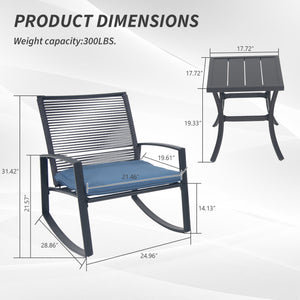 English Elm 2-person Weatherproof Outdoor Bistro Rocking Set with Table, Rust-Proof Metal, Removable Cushions Blue W1859P359942