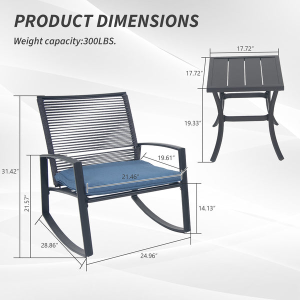 English Elm 2-person Weatherproof Outdoor Bistro Rocking Set with Table, Rust-Proof Metal, Removable Cushions Blue W1859P359942