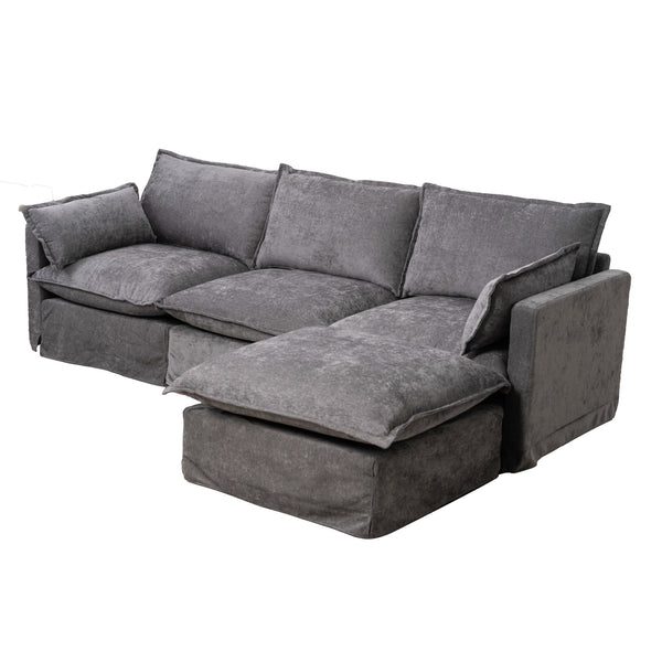 English Elm 93.31" Modular L-shaped Sectional with Movable Ottoman Chenille 4-seat Living Room Sofa Grey W2795S00037