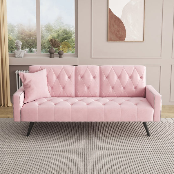 English Elm 1730 Pink Velvet Sofa Bed with Nailhead Trim, 72" Convertible Sleeper for Small Spaces, 2-Seater W3371P302290
