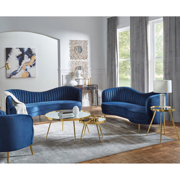 English Elm Marsden Blue Velvet Loveseat with Vertical Channel Tufting, Inverted Camelback Silhouette & Gold Legs B062P357778