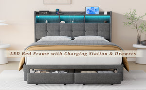 English Elm Queen LED Linen Platform Bed with USB-C/A Charging, 2 Drawers, Memory Foam Headboard, Light Gray W1550P190365