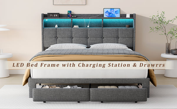 English Elm Queen LED Linen Platform Bed with USB-C/A Charging, 2 Drawers, Memory Foam Headboard, Light Gray W1550P190365