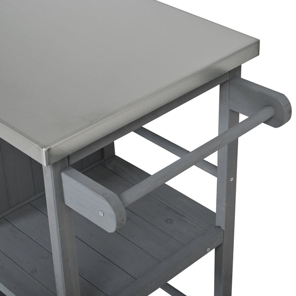 English Elm Foldable Outdoor Kitchen Cart with Stainless Worktop Fir Wood Frame and Lockable Wheels Grey N719P380278E