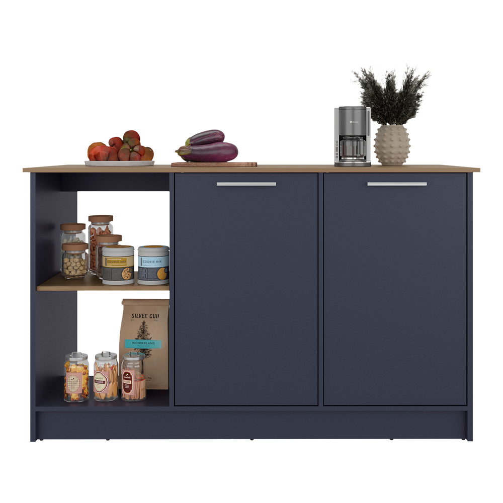 English Elm Juniper Multicolor Kitchen Island with 59" Deep Worktop, Double-Door Cabinet & Open Shelves, Modern Finish B070S00392