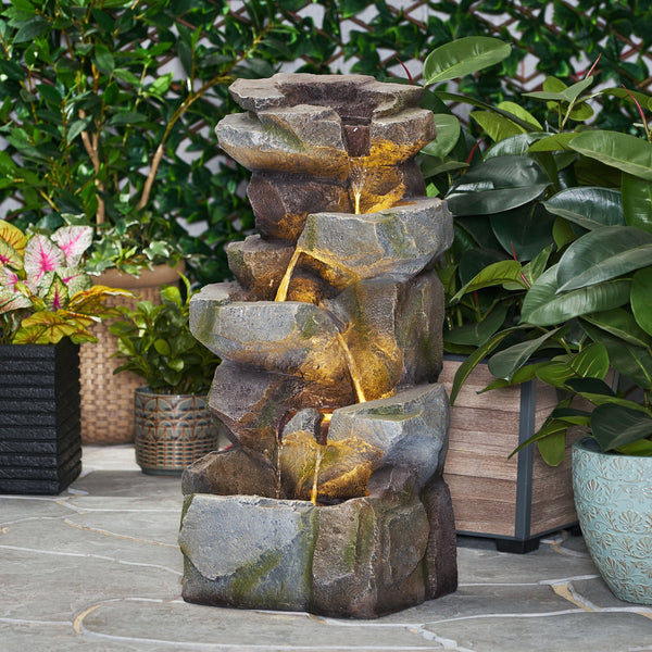 English Elm Christopher Knight Home® - APACHE 4 Tier Fountain Stone Gray - Faux Stone Waterfall with LED Lights, Weather-Resistant 34" 71794.00SGRY