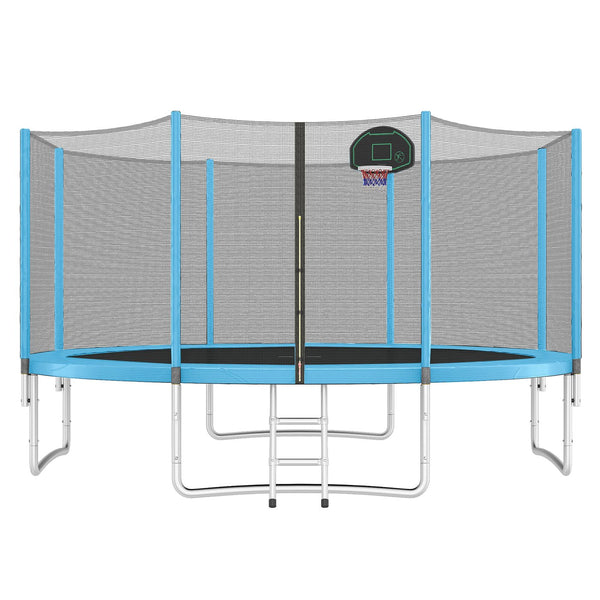 English Elm 14ft Round Backyard Trampoline with Enclosed Safety Net Basketball Hoop and Ladder Blue N739S000003C