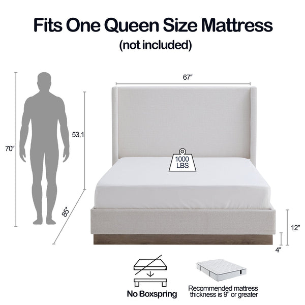 English Elm Hosford Upholstered Wingback Bed - Rustic Minimalist Queen Platform Bed With Cream Boucle Comfort B083P337910