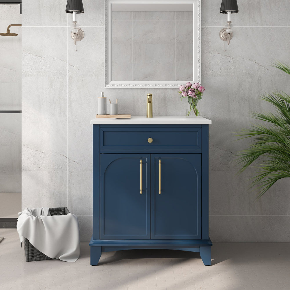 English Elm 27.8" Mid-century Freestanding Bathroom Vanity with Ceramic Sink Drawer and Wood Base Blue W1801S00005