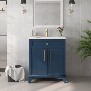English Elm 27.8" Mid-century Freestanding Bathroom Vanity with Ceramic Sink Drawer and Wood Base Blue W1801S00005