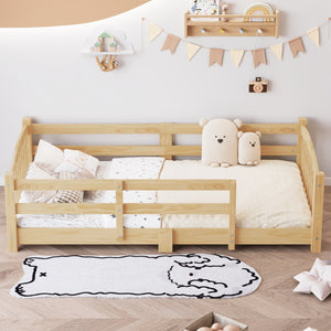 English Elm Twin Montessori Floor Bed Solid Pine Frame with Safety Guardrails for Kids Bedroom Natural N733P400298N
