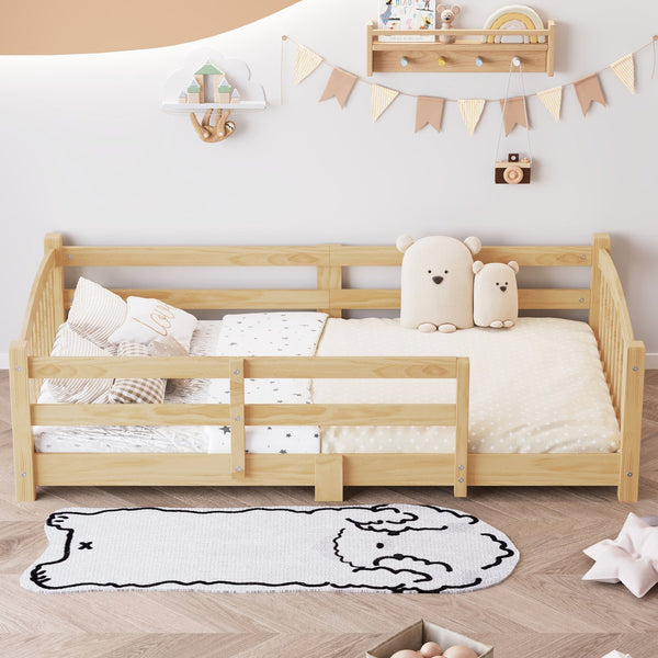 English Elm Twin Montessori Floor Bed Solid Pine Frame with Safety Guardrails for Kids Bedroom Natural N733P400298N