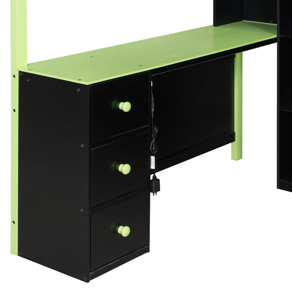 English Elm Full Size Gaming Loft Bed with Led Lighting Desk Drawers and Display Shelving Green LT000263AAF