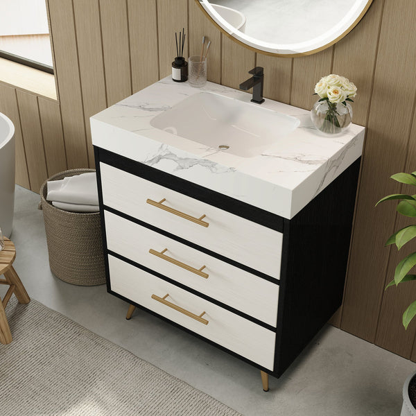English Elm Modern Freestanding Bathroom Vanity with Sintered Stone Top and Gold Steel Legs W3136S00049