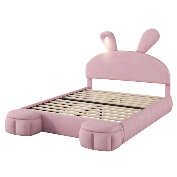 English Elm Full Full Size Upholstered Platform Bed with Cute Cartoon Ear Headboard, LED Light, Pink Velvet Cozy Retreat N709P195300H