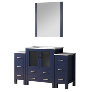 English Elm Navy Blue Single Bath Vanity 54" W with Side Cabinets, Soft-Close Drawers, White Ceramic Top, Mirror B2731S00965