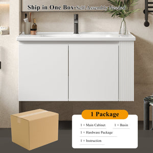 English Elm Christopher Knight Home® - 36" Modern Wall-Mounted Bathroom Vanity with Ceramic Sink, Soft-Close Doors, Fluted Accent & Open Shelves White N817P245322W