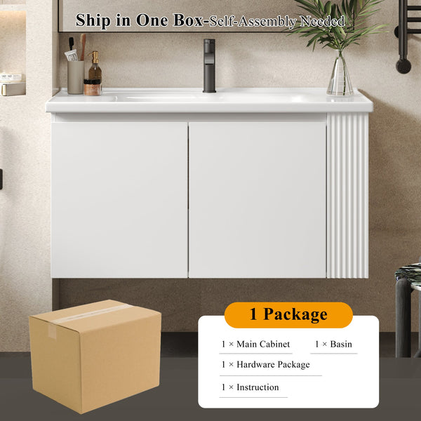 English Elm Christopher Knight Home® - 36" Modern Wall-Mounted Bathroom Vanity with Ceramic Sink, Soft-Close Doors, Fluted Accent & Open Shelves White N817P245322W