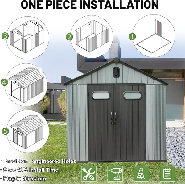 English Elm 8x12ft Outdoor Resin Shed Wood Grain Panels Lockable Weatherproof Backyard Storage W1859S00131