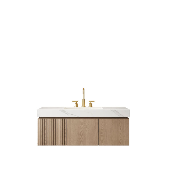 English Elm Muri Floating Bathroom Vanity Plywood Cabinet Sintered Stone Top Woodgrain Finish W2615S00637