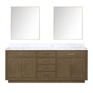 English Elm Grey Oak Double Bath Vanity Set With Carrara Marble Top & Two 36-Inch Mirrors For Elegant Bathrooms B2731S01549