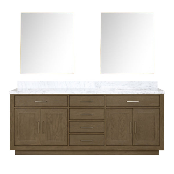 English Elm Grey Oak Double Bath Vanity Set With Carrara Marble Top & Two 36-Inch Mirrors For Elegant Bathrooms B2731S01549
