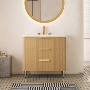 English Elm AMARA 36'' Bathroom Vanity with Integrated Sintered Stone Basin, Preassembled Plywood Cabinet, LED Motion Sensor Storage Carrara White,Light Oak W2615P346339