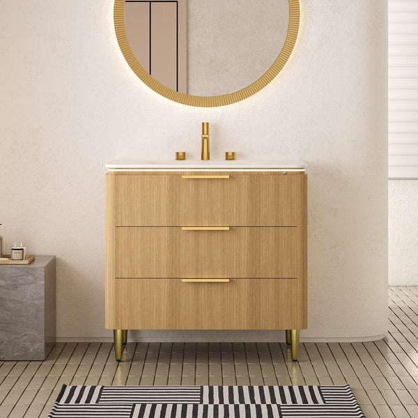 English Elm AMARA 36'' Bathroom Vanity with Integrated Sintered Stone Basin, Preassembled Plywood Cabinet, LED Motion Sensor Storage Carrara White,Light Oak W2615P346339