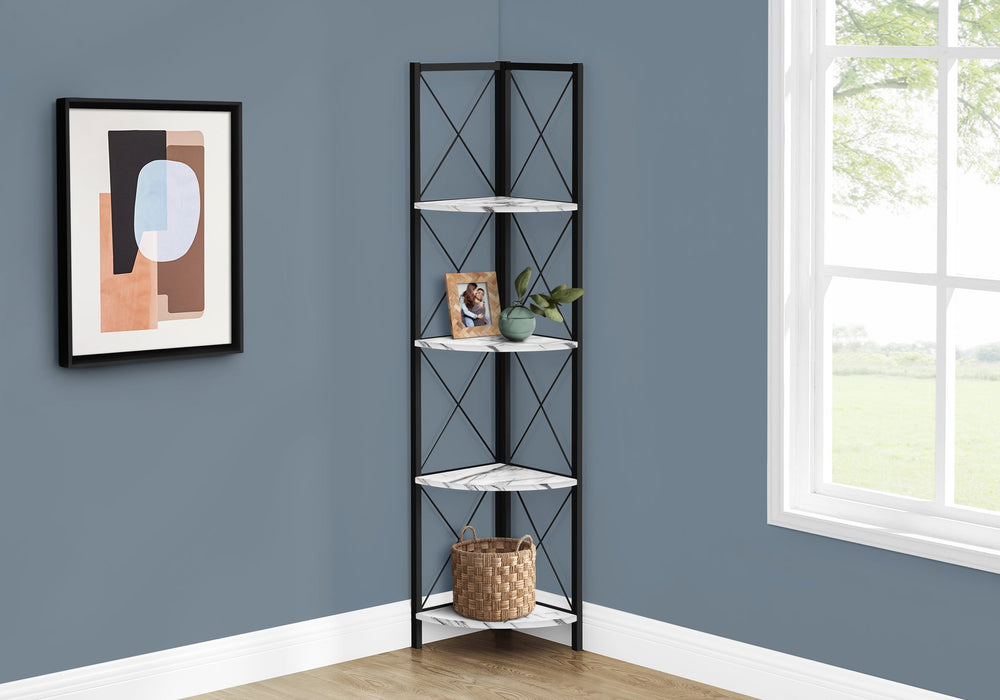 English Elm Bookshelf, Corner Etagere with Black Marble Laminate and Metal Frame for Modern Spaces B2710P219386