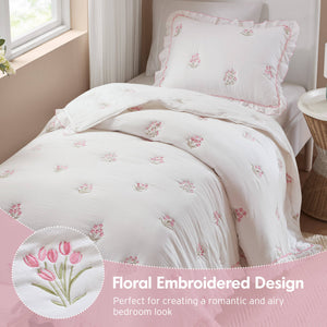 English Elm 2-piece Floral Embroidered Twin Quilt Set Romantic Ruffled Border Soft Down Alternative Fill White+Pink B035P463191
