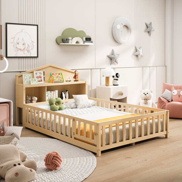English Elm Full-size Montessori Floor Bed with Built-In Bookcase and Chalkboard, Space-Saving Solid Wood Platform for Kids Natural 56.3 L x 17.32 W x 5.31 H W1716S00014