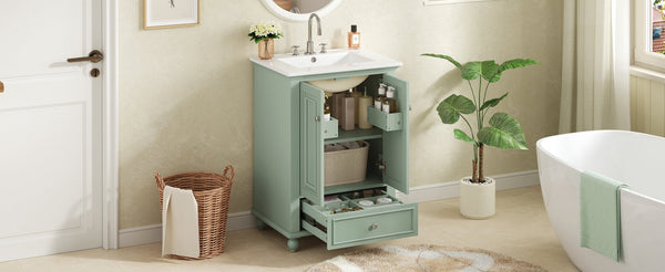 English Elm 24'' French Style Bathroom Vanity with Ceramic Sink Soft Close Cabinet and Drawer Green N710P411227F