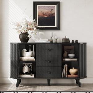 English Elm Sideboard Fluted Credenza with Three Drawers Two Doors Matte Black Modern Storage Black T3773P417309