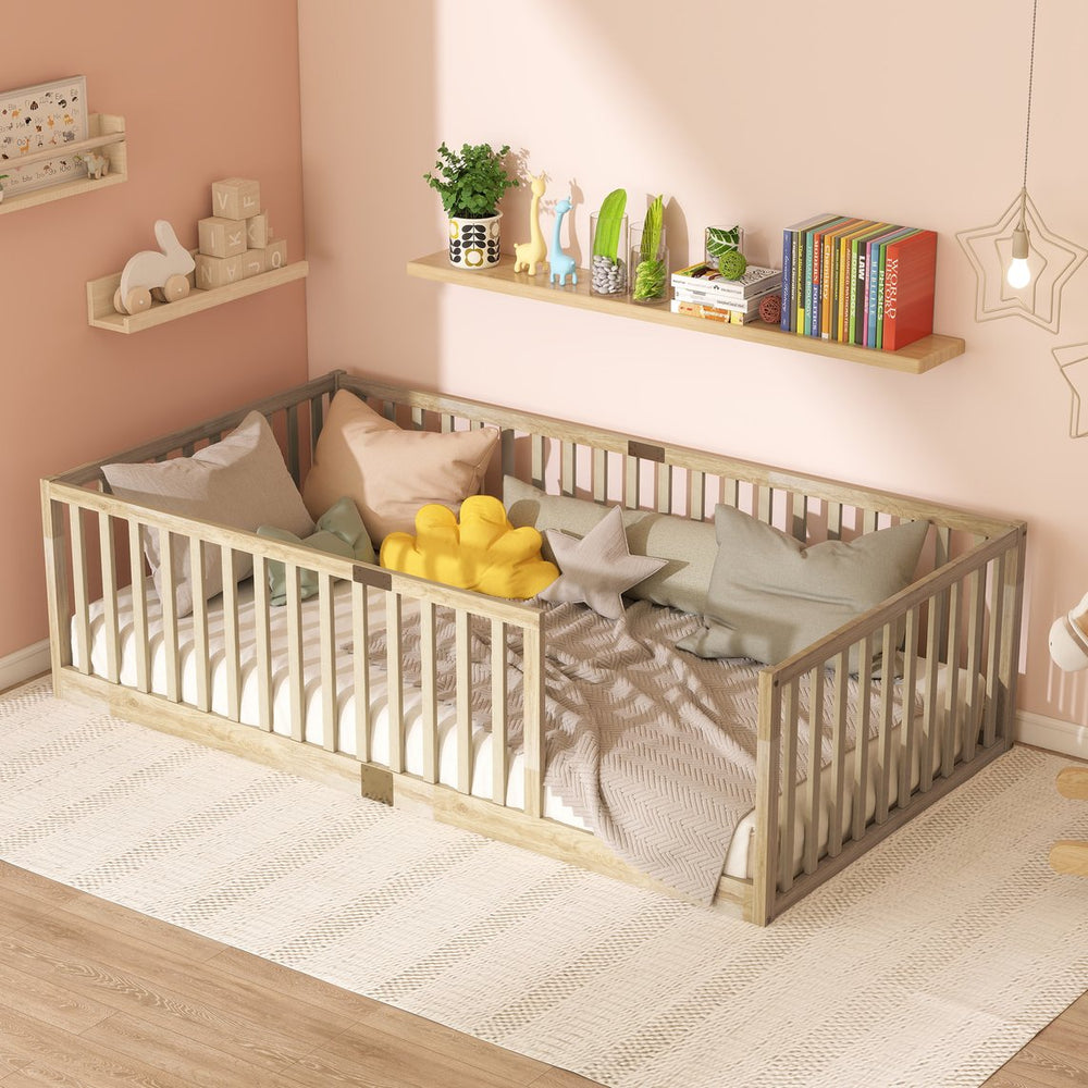 English Elm Twin Montessori Floor Bed Solid Rubber Wood with Safety Fence Rails Toddler Room W504P411197