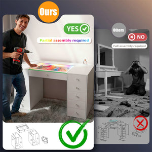 English Elm 51.2" Vanity Desk Modern Glass Top with RGB Strip, 11 Drawers, Smart Touch, 6-Mode LED Ambiance W3660S00002
