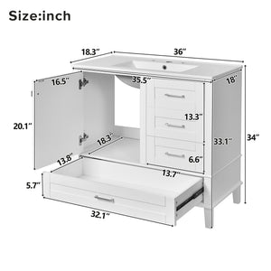 English Elm 36" White Bathroom Vanity Solid Pine Frame with Soft-Close Door, 3 Versatile Drawers & Ceramic Top N729P211167K