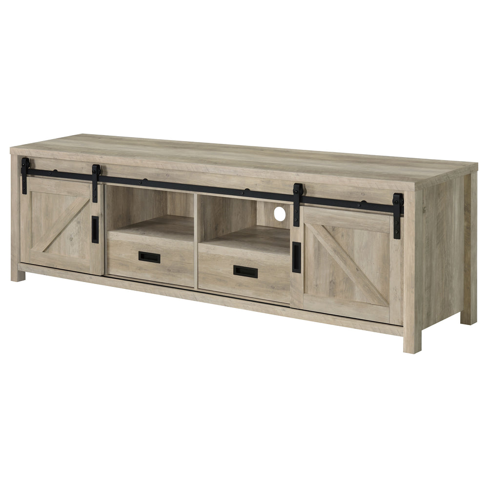 English Elm Madra Distressed Pine TV Stand with Sliding Doors and Drawers, 78.75" Wide Rustic Storage Console for Living Room B062P344953