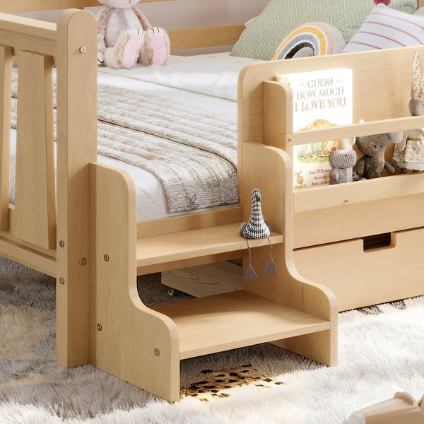 English Elm Queen Bunk Bed with Trundle Solid Pine Kids Car Themed Frame Built-in Bookshelf Light Natural W1580S00544