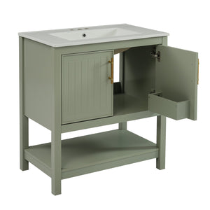 English Elm 30-Inch Green Bathroom Vanity With Ceramic Sink, Elegant Design, Smart Storage For Small Spaces WF325888AAF