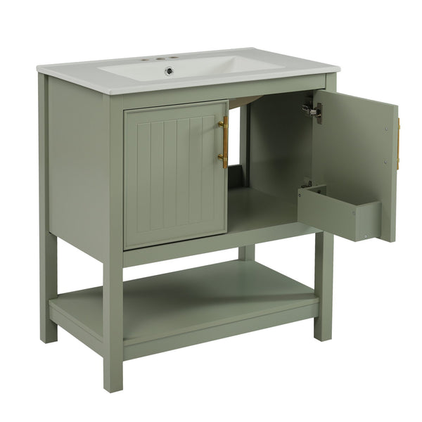 English Elm 30-Inch Green Bathroom Vanity With Ceramic Sink, Elegant Design, Smart Storage For Small Spaces WF325888AAF