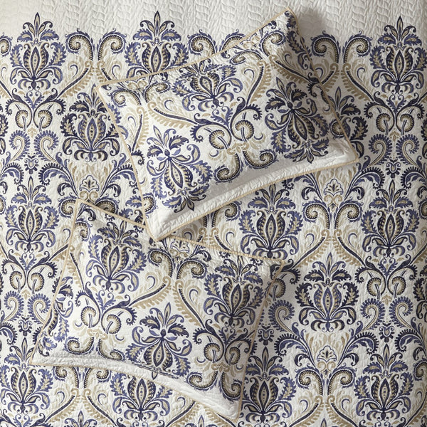 English Elm 6 Piece Madison Park Cali Reversible Quilt Set Navy Tan Paisley Full/Queen with 3 Embroidered Pillows B03597400