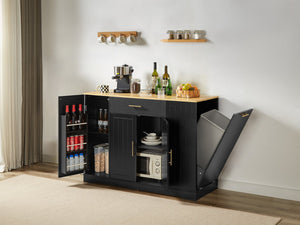 English Elm 53 Kitchen Island 53.2" x 20.9" Black & Oak Breakfast Bar with Trash Can Storage, Drawer, Shelves W1820S00008