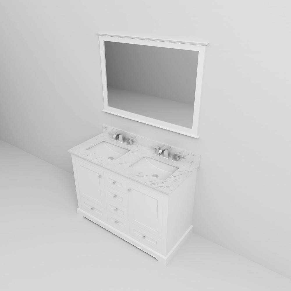 English Elm White Double Bath Vanity 48" W x 22" D with Carrara Marble Top, Chrome Faucets & 46" Mirror, Durable Surface B2731S00974