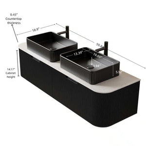 English Elm Dina 60 Inch Floating Bathroom Vanity Sintered Stone Top Dual Glass Basins Wood Grain Black,Carrara White W2615S00186