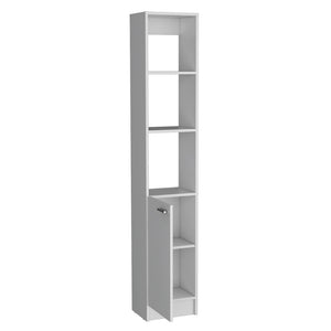 English Elm Linen Cabinet Marion White — Slim 46" Engineered Wood Bathroom Storage with Open Shelves & Concealed Door B092P191189