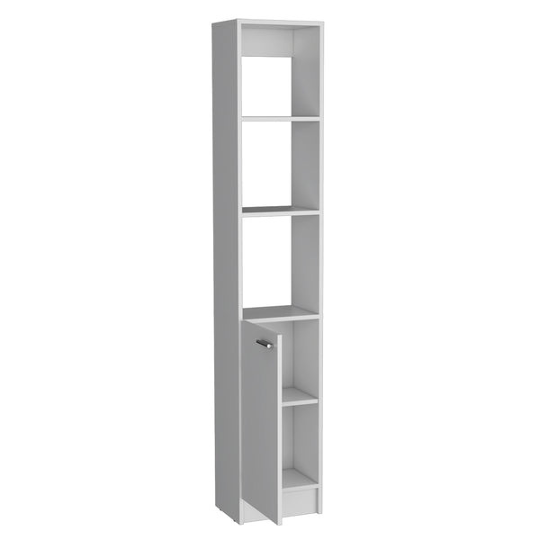 English Elm Linen Cabinet Marion White — Slim 46" Engineered Wood Bathroom Storage with Open Shelves & Concealed Door B092P191189