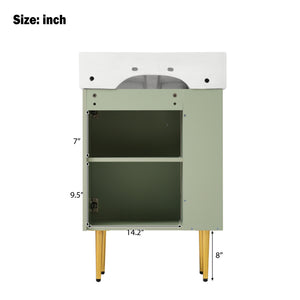 English Elm 21.6" Green Bathroom Vanity with Ceramic Sink, Left Side Storage, Gold Legs, Soft-Close, Modern Finish SV000007AAF
