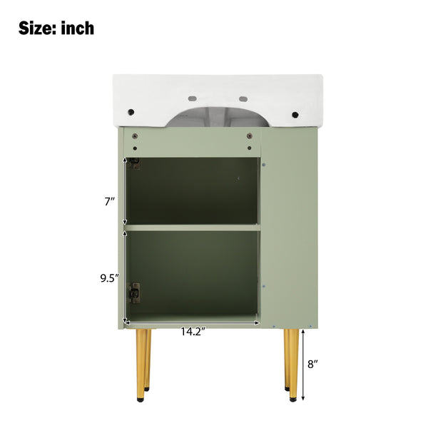 English Elm 21.6" Green Bathroom Vanity with Ceramic Sink, Left Side Storage, Gold Legs, Soft-Close, Modern Finish SV000007AAF
