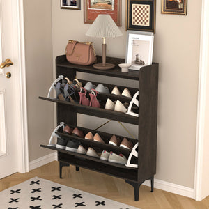 English Elm Shoe Cabinet with 2 Flip Drawers and Open Shelves, Slim Rustic Brown Entryway Organizer, Space-Saving Wood Storage W679P154753